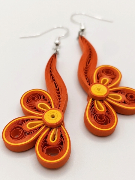 orange floral earrings made from tiny pieces of paper